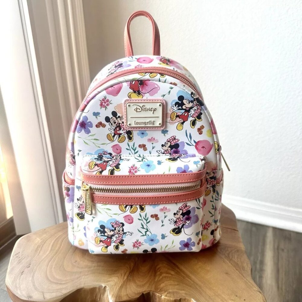 Loungefly Disney NWOT Mickey Minnie Mouse Pink White Floral Mini Backpack